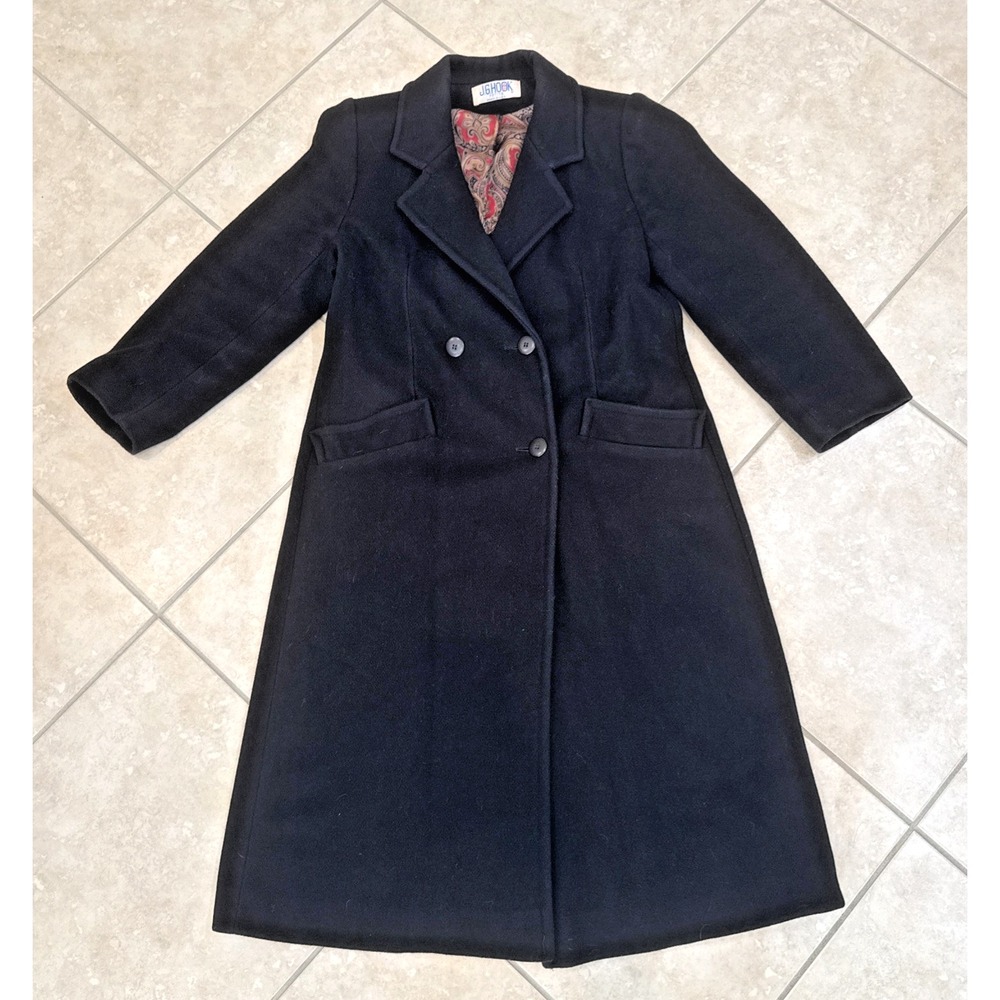 VTG JG Hook Wool Black Trench Long Coat Sz Med USA Made Lined Career Classic